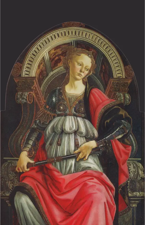 A vertical Renaissance-style painting, likely Judith or another female martyr or figure of justice, seated on a high throne beneath a decorative arch. The woman, with a fair complexion and light hair, wears a gold and black breastplate over a white garment, and is draped in a voluminous red cloak. She holds a sword vertically in her lap, and her expression is somber or resolute. The background features intricate architectural details and dark coloring.